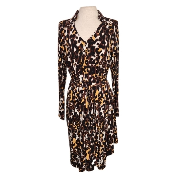 dennis basso Dresses & Skirts - Dennis Basso Dress Leapard Print Faux Wrap Stretchy Long Sleeve V-Neck G…